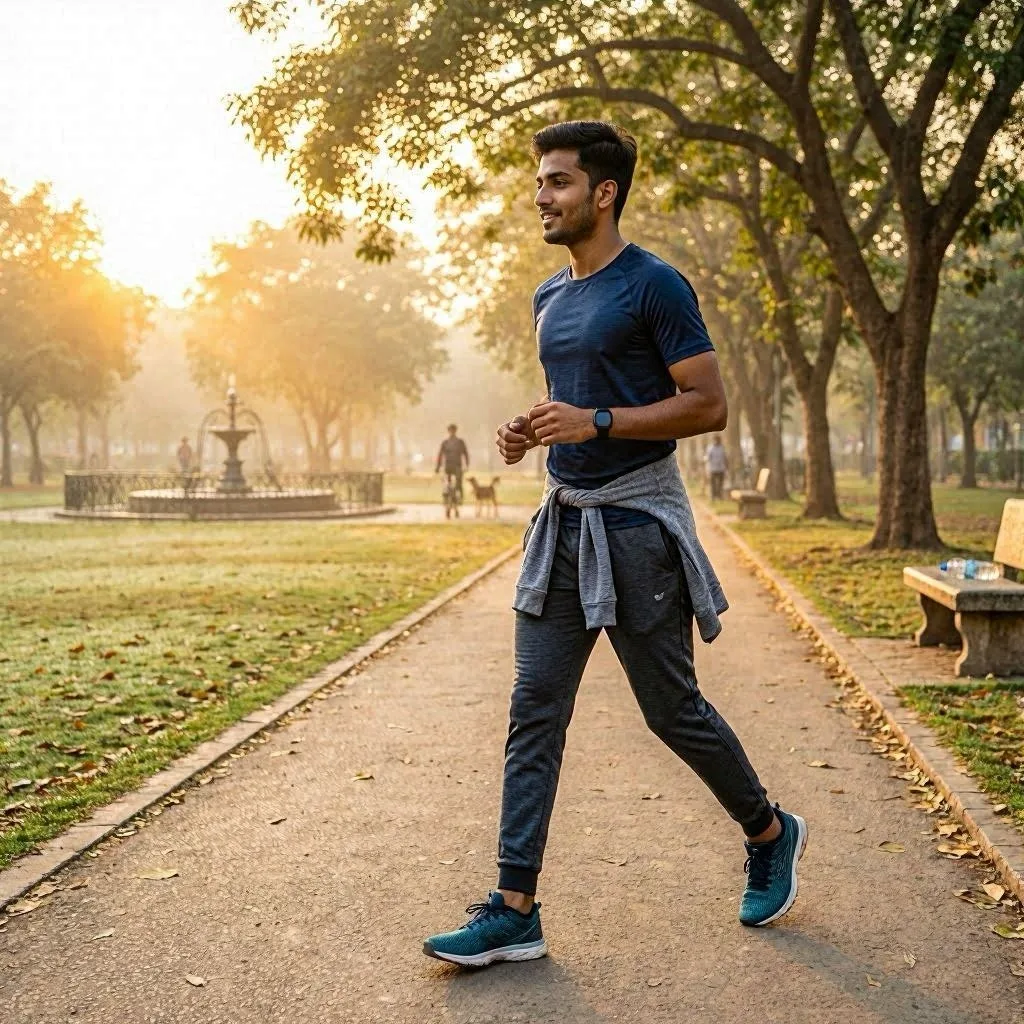Indian young woman walking outdoors in morning for weight loss without gym