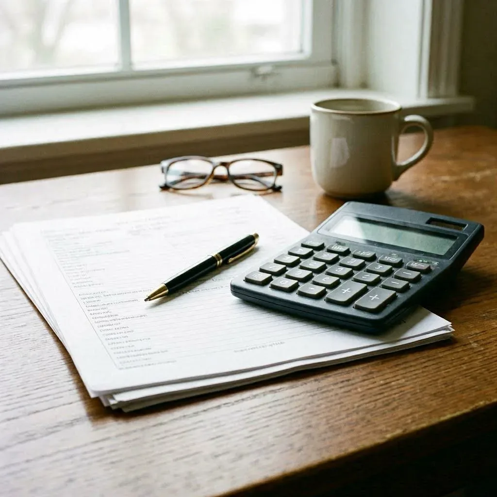Tax saving documents aur calculator table par rakhe hain